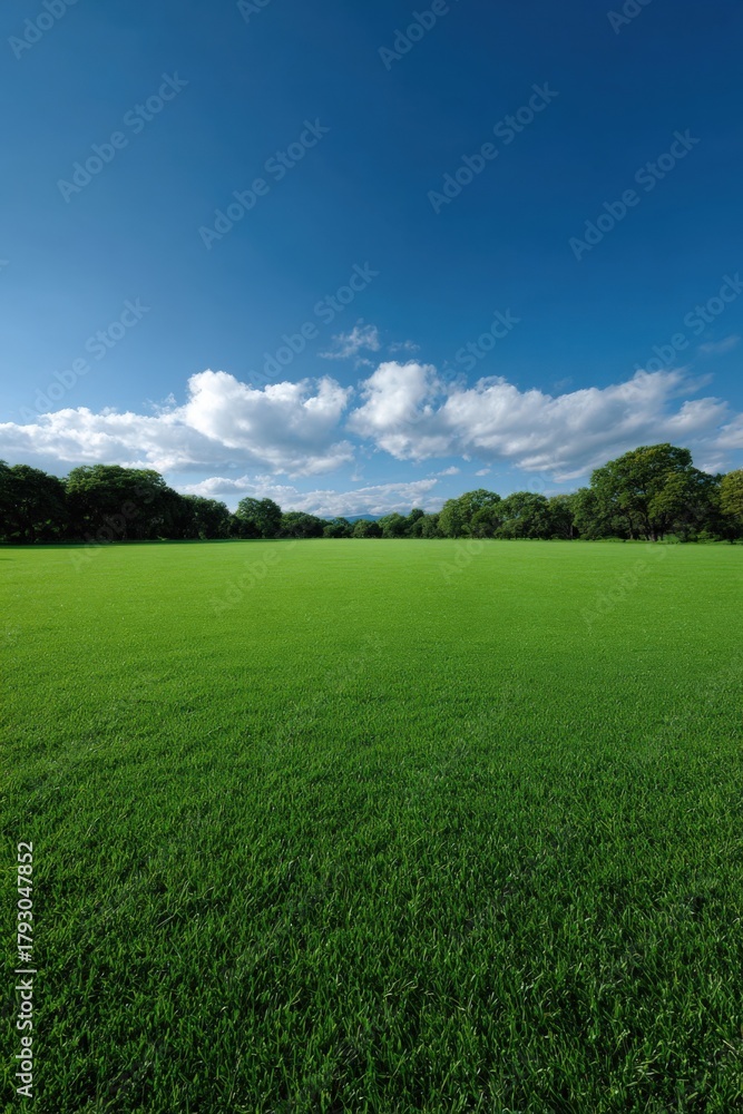 Obraz premium Vast green meadow under clear blue sky with white clouds and lush trees