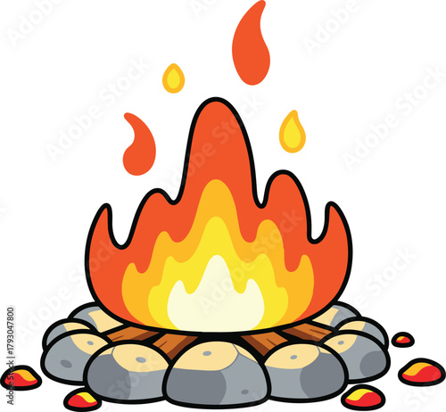 Cartoon campfire illustration with bright flame, outdoor bonfire design, camping fire pit clipart, vector art