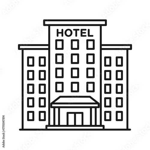 Outline illustration of a tall hotel building with multiple floors and windows