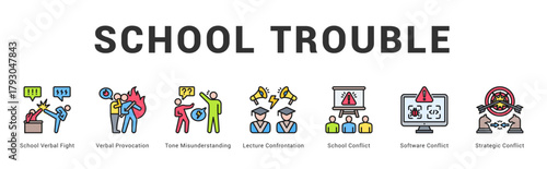 School Trouble Modern and clean web banner illustration featuring thematic icons for visual communication