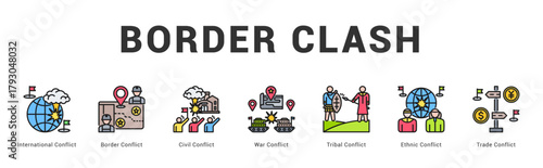 Border Clash Modern and clean web banner illustration featuring thematic icons for visual communication