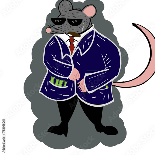 pthe mouse suit and tie wearing glases smoking a cigar carriying a cigar with money on his pocket