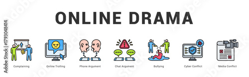 Online Drama Modern and clean web banner illustration featuring thematic icons for visual communication