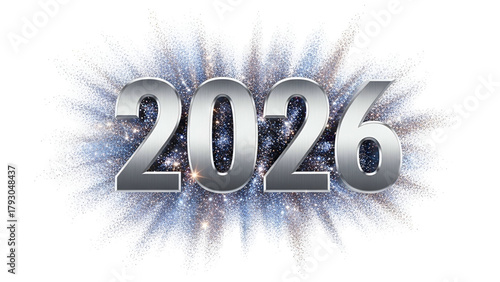 Metallic digits representing the year two thousand twenty six emerge from a sparkling burst against a dark background