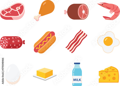 Collection of various protein-rich food illustrations including meat, seafood, dairy, eggs, and processed foods, perfect for nutrition graphics, menus, and culinary vector designs.