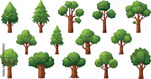 Cute cartoon tree collection, happy forest character illustration, adorable nature design, kawaii green plant vector art