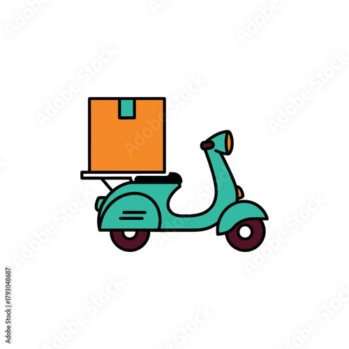 Teal scooter carrying an orange package delivers goods quickly through the city streets, showcasing efficient urban transport and modern convenience.