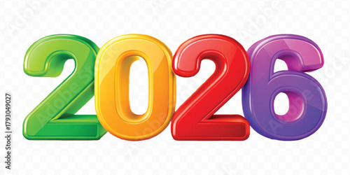 abstract 3d colorful three dimensional 2026 typography Isolated on a transparent background