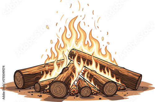 Campfire illustration, burning wood logs, warm fire, outdoor bonfire, camping heat, glowing flame, vector design, survival fire, night camp, wood fire art, cozy warmth