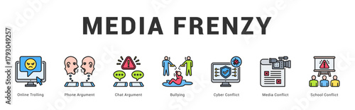 Media Frenzy Modern and clean web banner illustration featuring thematic icons for visual communication