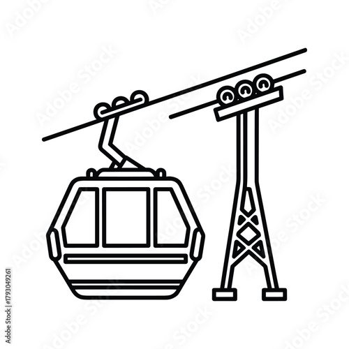 Line art icon of a cable car and a support tower on a