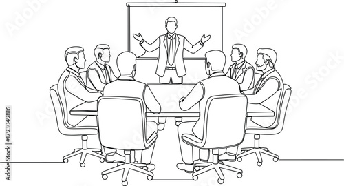 Continuous line art illustration of a business meeting with a presenter addressing a group around a conference table, ideal for corporate communication and teamwork designs.