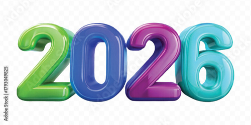 abstract 3d colorful three dimensional 2026 typography Isolated on a transparent background