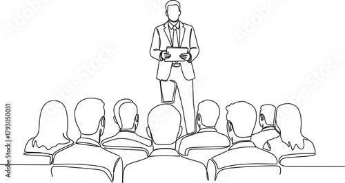 Continuous line art illustration of a speaker presenting to an audience, perfect for business meetings, seminars, training sessions, leadership, and corporate communication designs.
