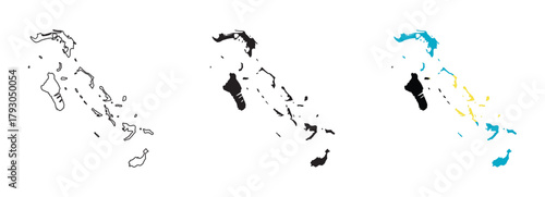 Bahamas map vector with editable country outline, black silhouette and national flag featuring aquamarine, gold, and black colors for geography, travel, education, and Caribbean island