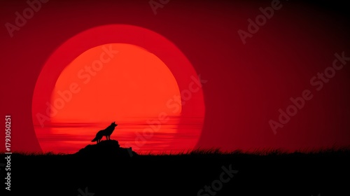 Silhouette of a wild canine howling towards a massive, intensely red setting orb
