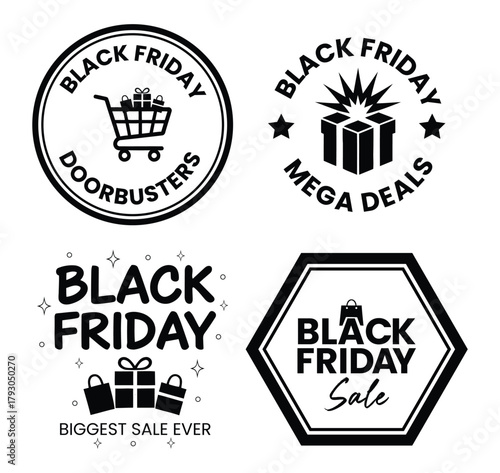 Black friday sale logos with shopping cart, gifts, stars, and promotional text on a white background