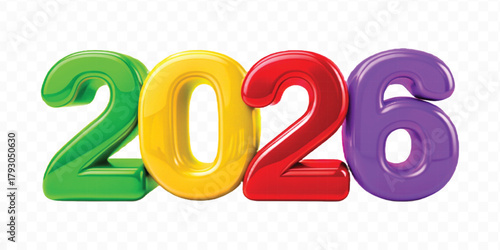 abstract 3d colorful three dimensional 2026 typography Isolated on a transparent background