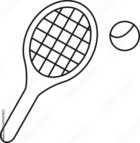 tennis racket and ball. Minimalist line art vector of a tennis racket and a ball
