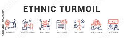 Ethnic Turmoil Modern and clean web banner illustration featuring thematic icons for visual communication