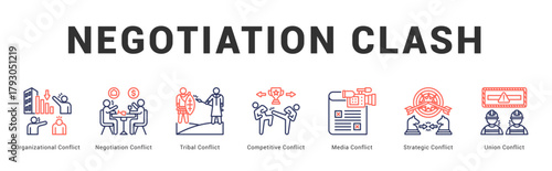Negotiation Clash Modern and clean web banner illustration featuring thematic icons for visual communication