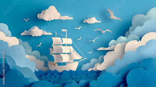 Tranquil seascape in paper cut out style featuring sailing ship and soaring birds