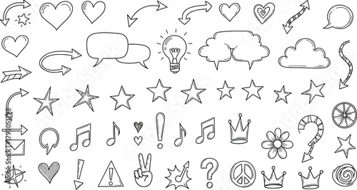 Hand Drawn Doodle Set with Arrow, Star, Heart, Speech Bubble on White Background