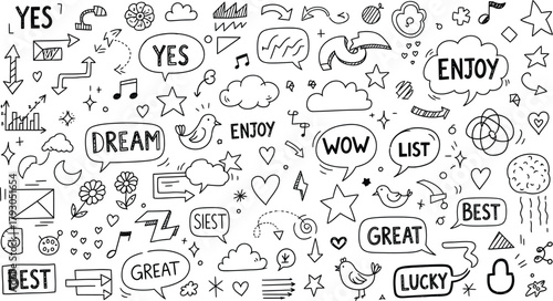 Hand Drawn Doodle Set with Yes, Dream, Enjoy, Great, List on Transparent Background