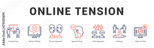 Online Tension Modern and clean web banner illustration featuring thematic icons for visual communication