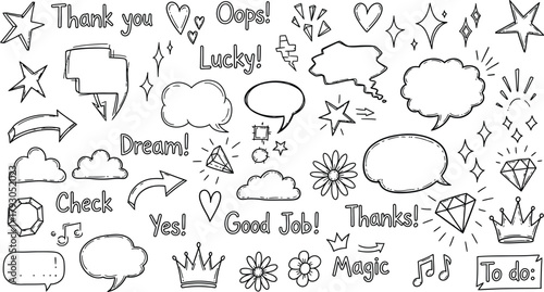 Hand Drawn Doodles with Stars, Speech Bubbles, Hearts, Crowns, and Words on Transparent