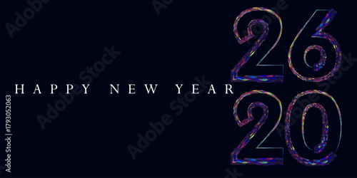 Happy New Year 2026 sparkling colorful design on dark background