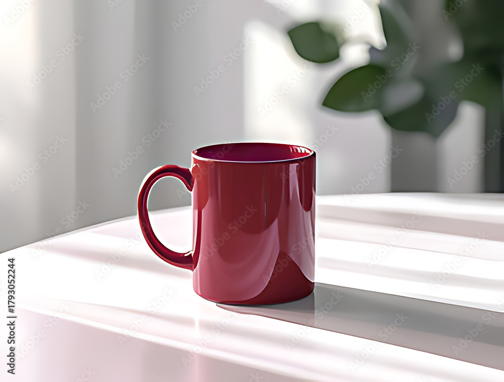 Obraz premium A single red ceramic mug sits on a white table with soft light
