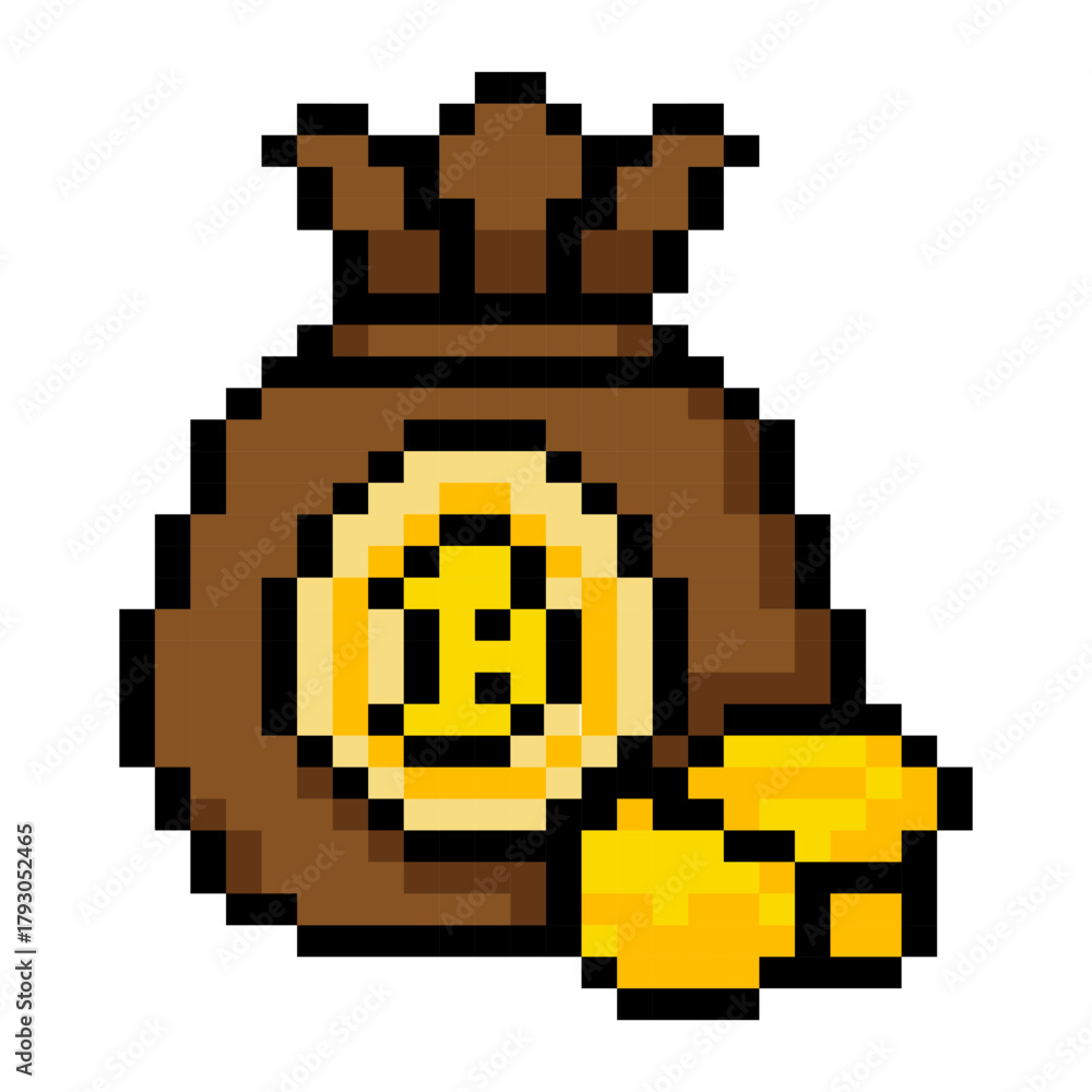 Fototapeta premium Pixel art money bag with gold coin