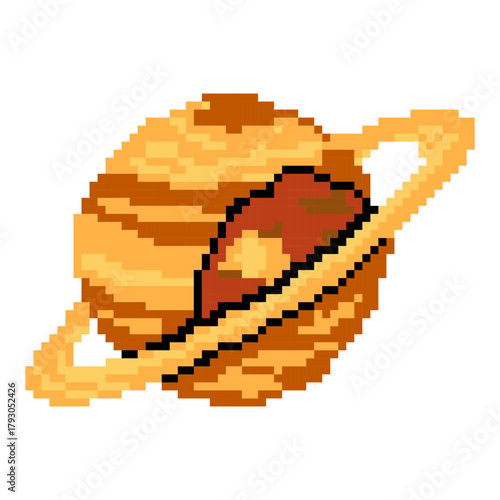 Pixel art orange ringed planet in space