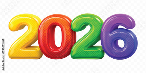 abstract 3d colorful three dimensional 2026 typography Isolated on a transparent background