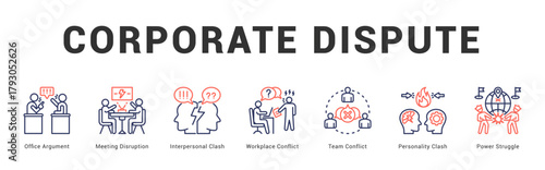 Corporate Dispute Modern and clean web banner illustration featuring thematic icons for visual communication