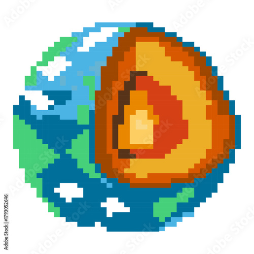Pixel art cutaway Earth showing core layers