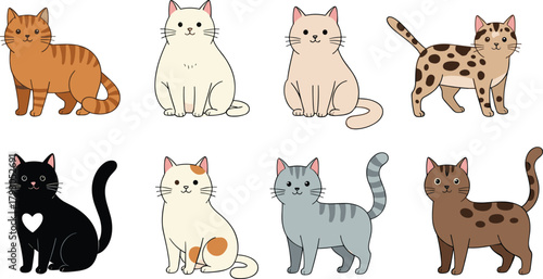 Cute collection of various cat illustrations featuring different colors, patterns, and poses, perfect for pet designs, animal artwork, and adorable vector projects.