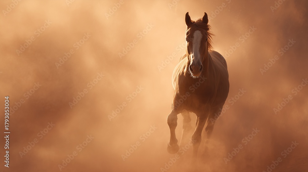 Fototapeta premium Horse galloping through light dust cloud with soft sunlight haze, majestic