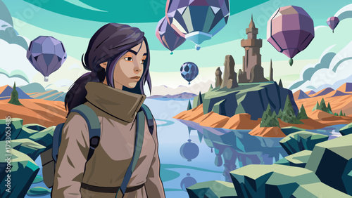 Fantastic Frontiers: a solitary traveler discovers dreamlike travel realms in a cohesive vector scene
