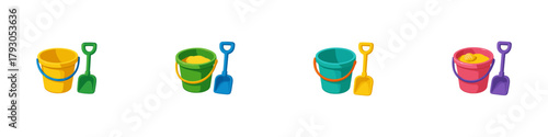 Sand bucket icon set. Beach toy vector set. Sand bucket collection with colorful pails and plastic shovels for summer play and seaside activity design.