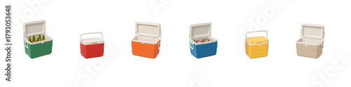 Cooler box icon set. Portable ice chest vector set. Cooler box collection with colorful insulated containers for travel, picnic, and summer food storage design.