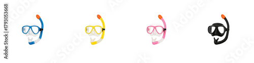 Snorkeling mask icon set. Diving gear vector set. Snorkel and mask collection for underwater activity and beach vacation design.