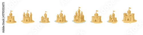 Sandcastle icon set. Beach sand castle vector set. Sandcastle collection for summer holiday and kids beach play themes.