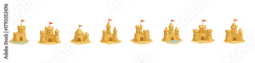 Sandcastle icon set. Beach sand castle vector set. Sandcastle collection for summer holiday and kids beach play themes.