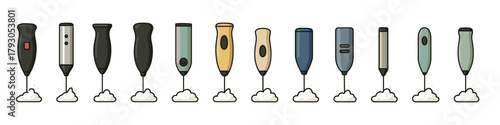 Milk frother icon set. Handheld frother vector set. Milk frother collection for coffee foam making and home barista equipment.