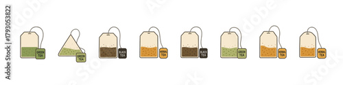 Tea bag icon set. Tea bag vector set. Collection of green, black and herbal tea bags for hot beverage and packaging designs.
