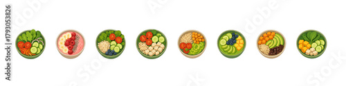 Healthy bowl icon set. Salad and smoothie bowl vector set. Collection of plant-based meals for nutrition and clean eating design.