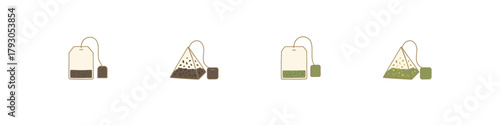 Tea bag icon set. Tea bag vector set. Collection of green, black and herbal tea bags for hot beverage and packaging designs.