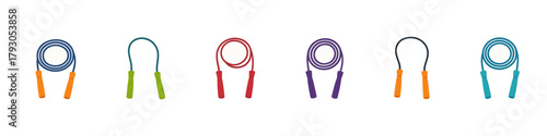 Jump rope icon set. Skipping rope vector set. Jump rope collection with colorful handles for workout, fitness and training.